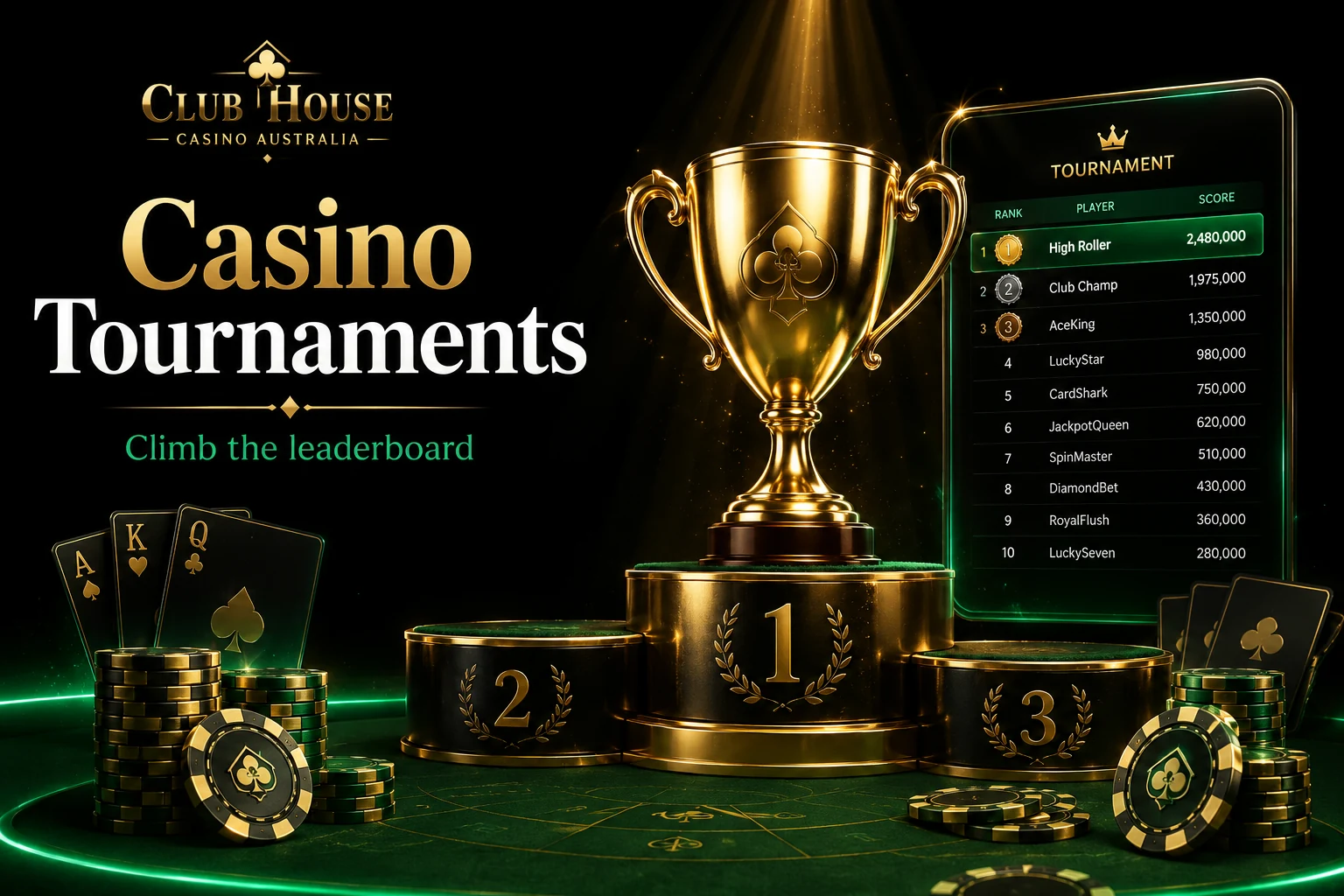 Weekly tournaments and leaderboard rewards at Club House Casino Australia for pokie and table players
