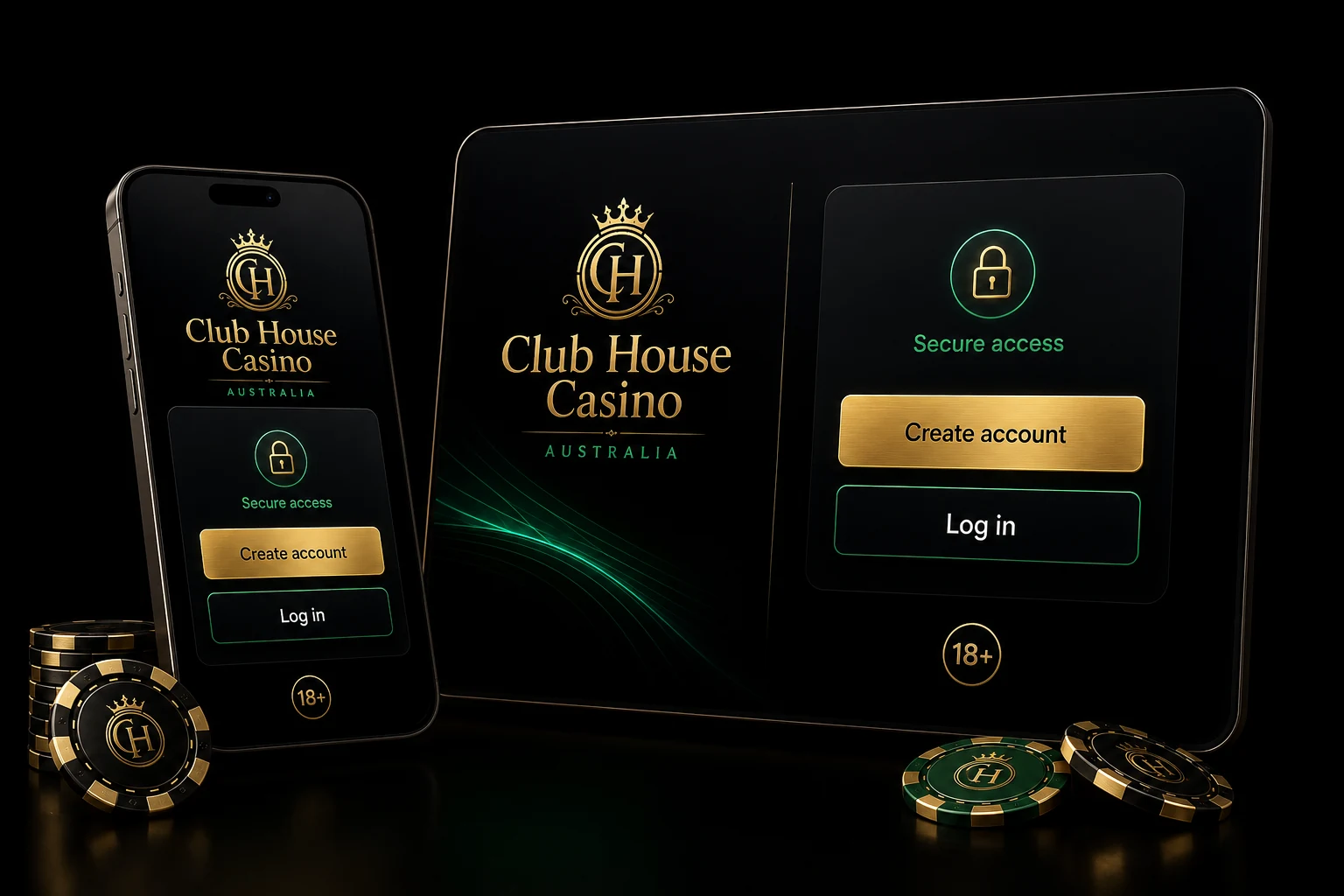 Secure Club House Casino Australia registration and login screens on mobile and tablet with 2FA