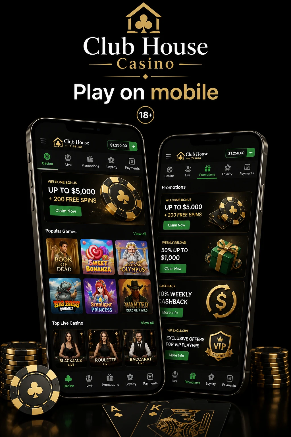 Club House Casino Australia mobile app on iPhone and Android with pokies, live casino and welcome bonus