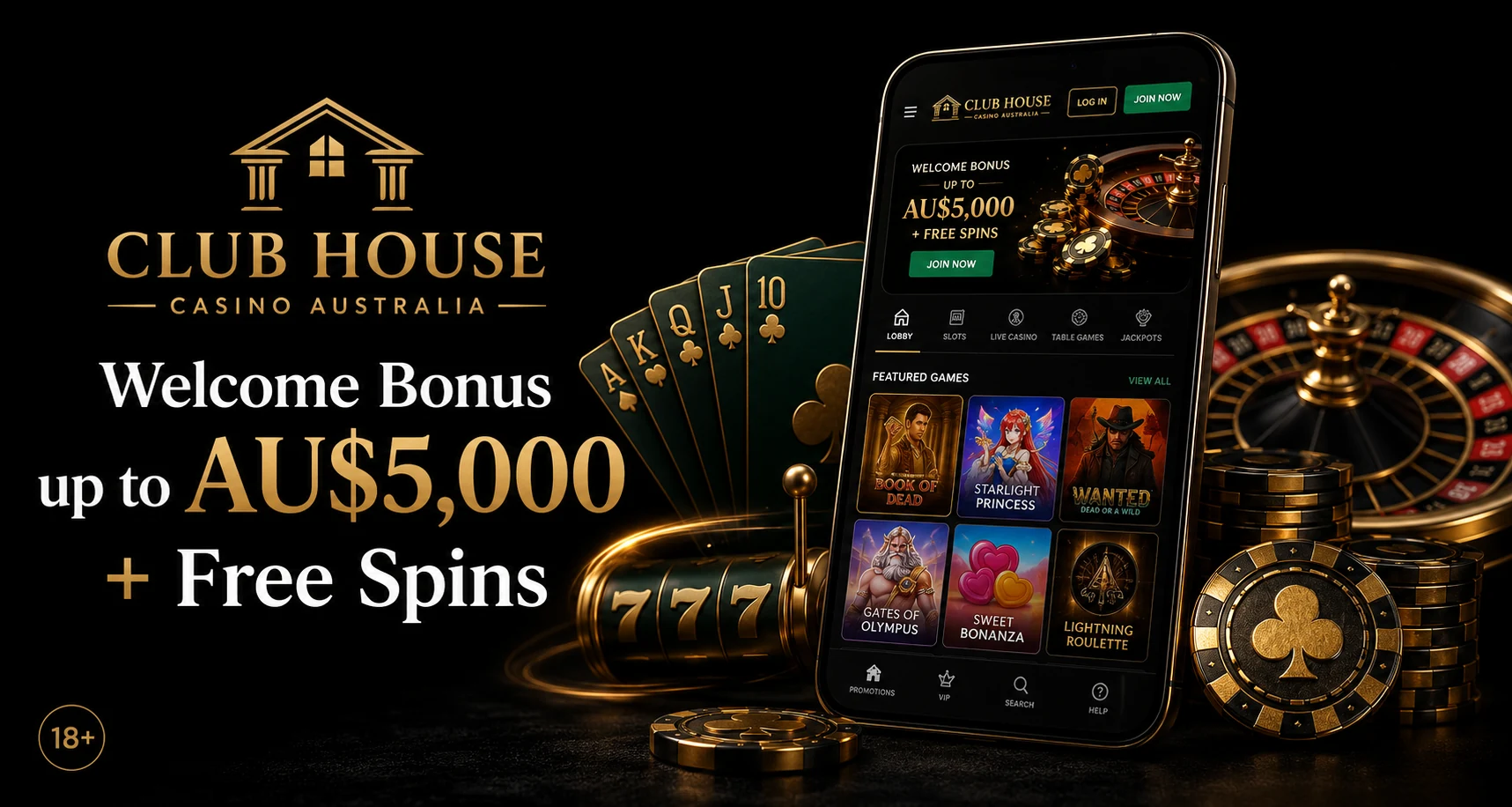 Club House Casino Australia welcome bonus AU$5,000 plus 200 free spins for new AU players 2026